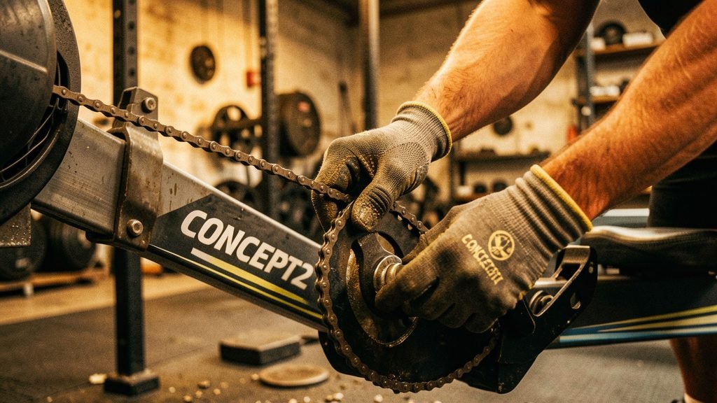 Manos enguantadas engrasando la cadena de un RowErg durante una revisión
